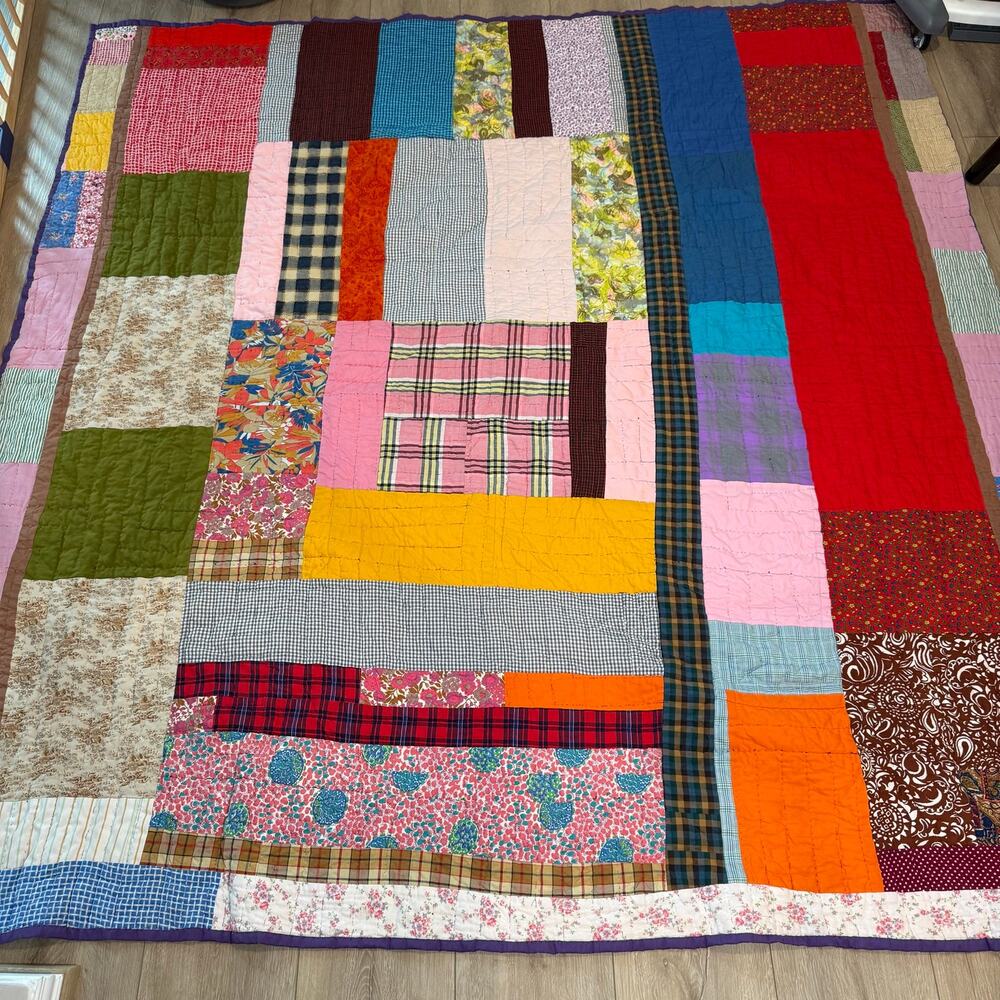 Vintage 70s Crazy Quilt Patchwork hand stitched multicolored 79"x84"